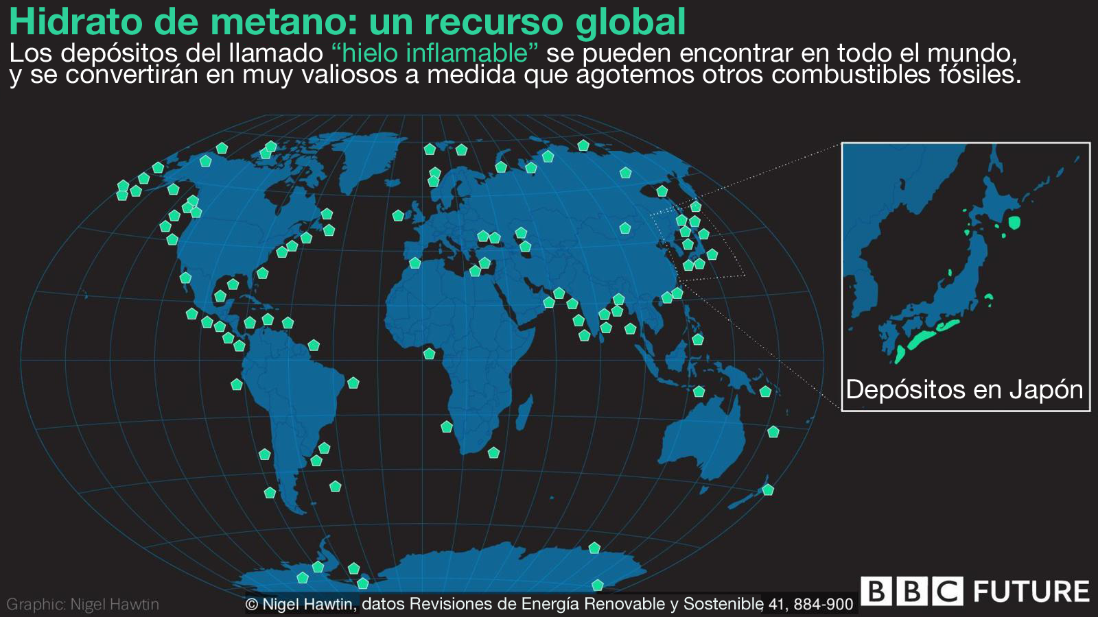 Visualización hidrato de metano en el mundo.