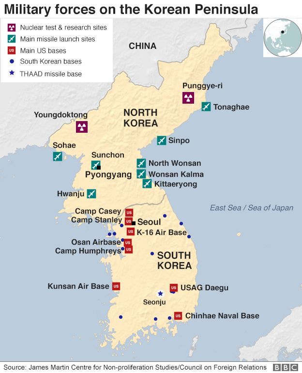 Map: Key bases and nuclear test sites in North and South Korea