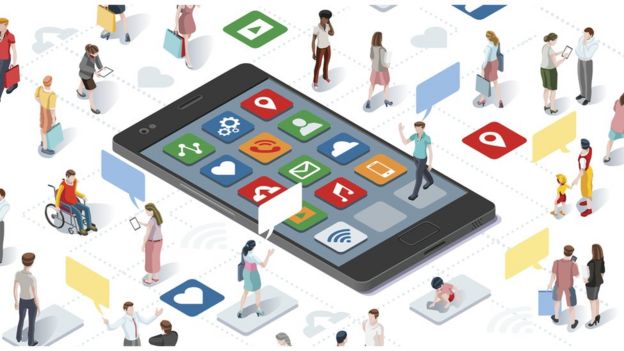 Ilustração mostra diversas pessoas usando celulares