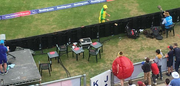 One spectator, dressed as a cricket ball, throws sandpaper at Glenn Maxwell during England's innings