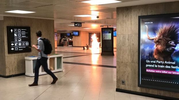 Fire is seen at Brussels central station in Brussels, Belgium June 20, 2017