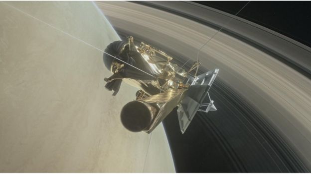 Artwork: Cassini is running the narrow gap between the top of the planet's atmosphere and the rings