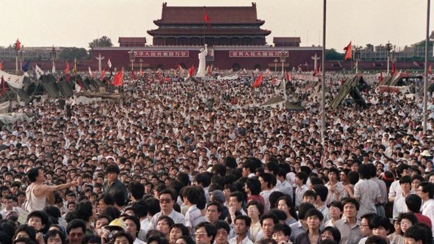 Manifestantes en Tiananmen en 1989