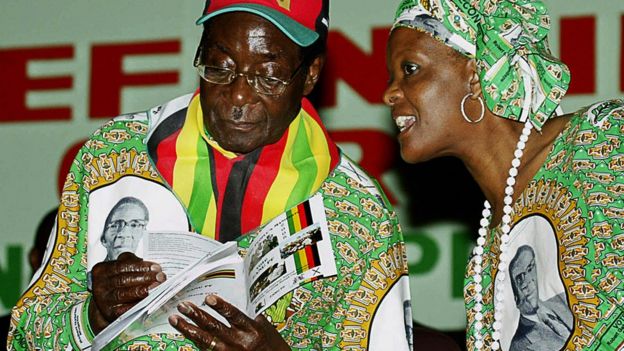 Robert Mugabe and his wife Grace of the ruling party (Zanu PF) rally at the launch of his party's manifesto in Harare on February 29, 2008