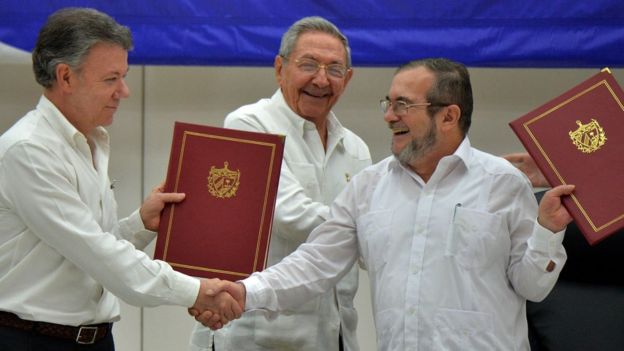 خوان مانوئل سانتوس، رئیس جمهور کلمبیا و تیمولیون خیمه‌نز معروف به تیموچنکو رهبر گروه فارک