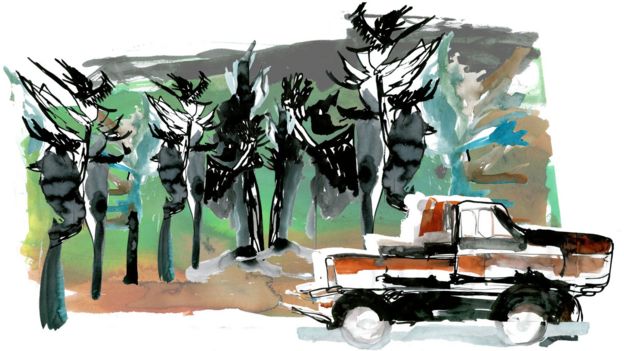 Ilustración de un camión frente a unos árboles.