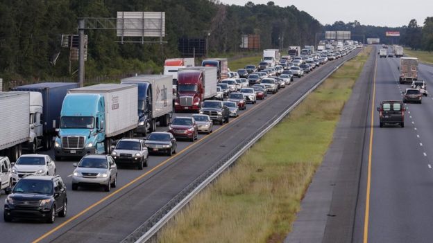 Hurricane Irma evacuating traffic streaming out of Florida on the northbound Interstate 75 after a vehicle accident in Lake Park, Georgia, 6 September 2017