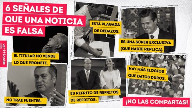 Imagem compartilhada por WhatsApp pelo projeto mexicano Verificado 2018, para combater notícias falsas nas eleições mexicanas; está escrito: 6 sinais de que uma notícia é falsa