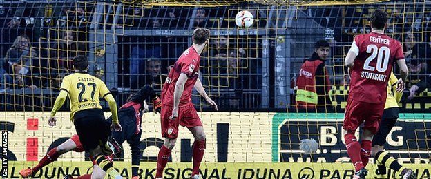 Borussia Dortmund's Gonzalo Castro scores against Stuttgart