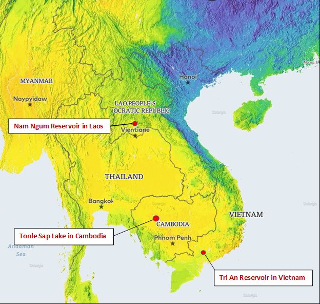 Vị trí khả thi các dự án năng lương mặt trời nổi tại ba nước Mekong từ bỏ thủy điện 17