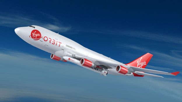 Artist's impression of Virgin Orbit's Boeing 747-400 carrier aircraft with LauncherOne rocket on inside port wing