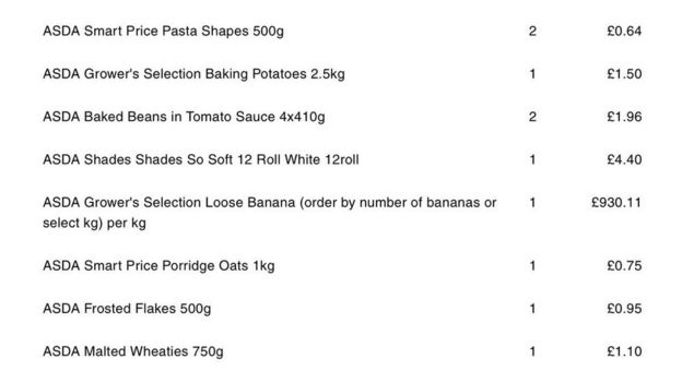 Shopping receipt of bananas costing over Â£930