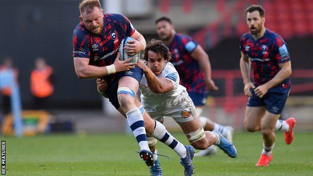 Bristol Bears' Joe Joyce is tackled by Exeter Chiefs' Santiago Grondona