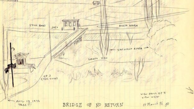 Un bosquejo de Mike Bilbo en 1976 que muestra el Puente del No Retorno que separa Corea del Norte y Corea del Sur, y el árbol en la esquina inferior izquierda.