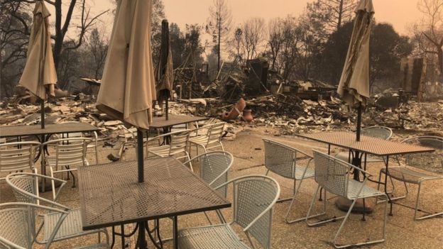 Burned out wreckage of restaurant