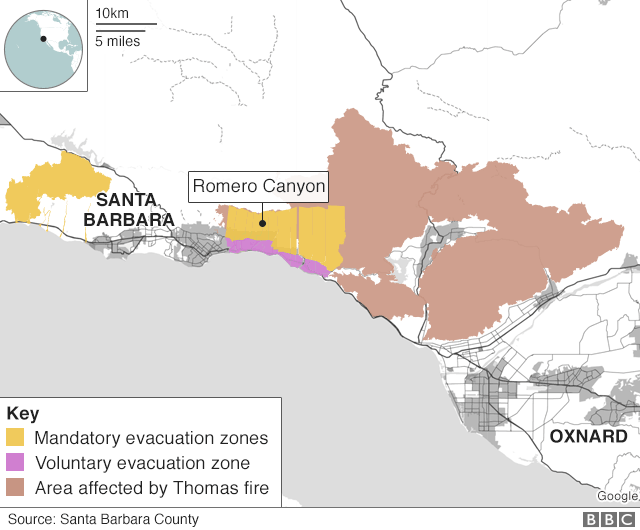 graphic showing mandatory evacuation zones east of Santa Barbara, and huge swath of land affected by Thomas wildfire