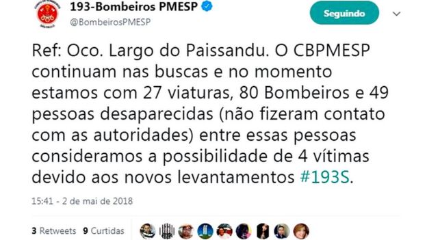 Tweet dos bombeiros