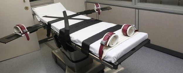 The gurney in the the execution chamber at the Oklahoma State Penitentiary is pictured in McAlester, Oklahoma 9 October 2014