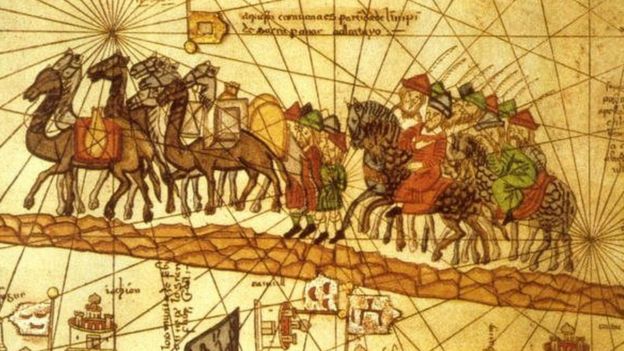 1254 - 1324 இடையே பட்டுப்பாதை வழியாக மார்க்கோ போலோ சீனாவுக்குச் சென்றதாகக் கூறப்படும் பாதையின் வரைபடம்