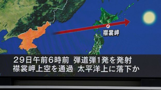 A TV screen in Tokyo, Japan, display a projected path of the North Korean IRBM, 14 September 2017