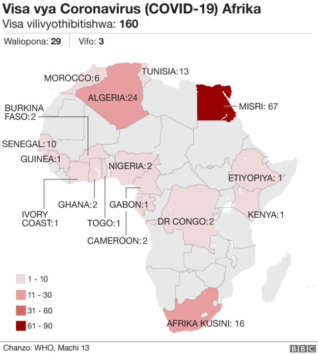 Ramani inayoonyesha nchi zilizoathiriwa na coronavirus barani Afrika