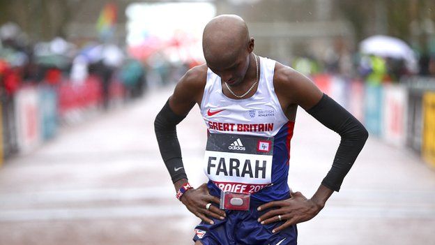 Mo Farah looking disappointed after finishing third at the World Half Marathon Championships in Cardiff