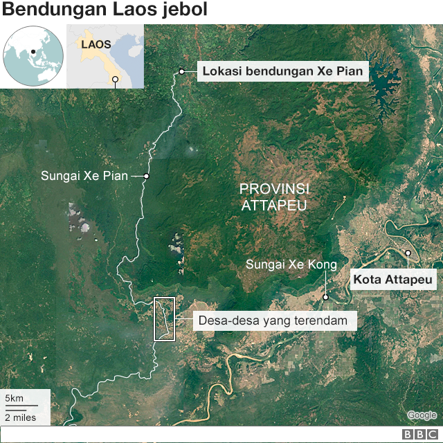 Peta dam yang jebol di <a href='https://medan.tribunnews.com/tag/laos' title='Laos'>Laos</a>