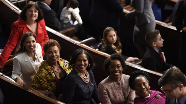 Representatives Alexandria Ocasio-Cortez(2ndL), a Democrat from New York, from left, Barbara Lee, a Democrat from California, Jahana Hayes, a Democrat from Connecticut, Lauren Underwood, a Democrat from Illinois, and Sheila Jackson-Lee, a Democrat from Texas