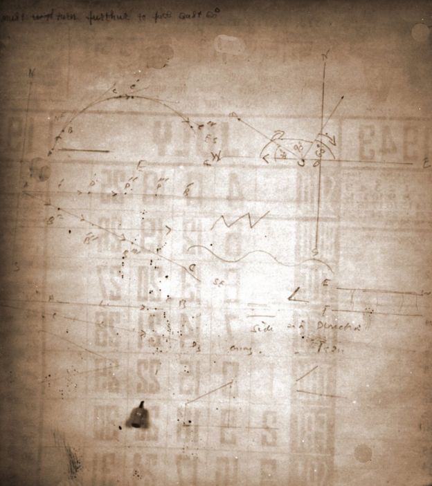 Lecciones de geometría que Mahatma Gandhi dio a su sobrina nieta Mani Gandhi escritas en un viejo calendario, India 1944