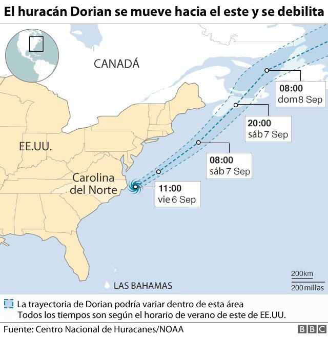 Mapa de la trayectoria de Dorian