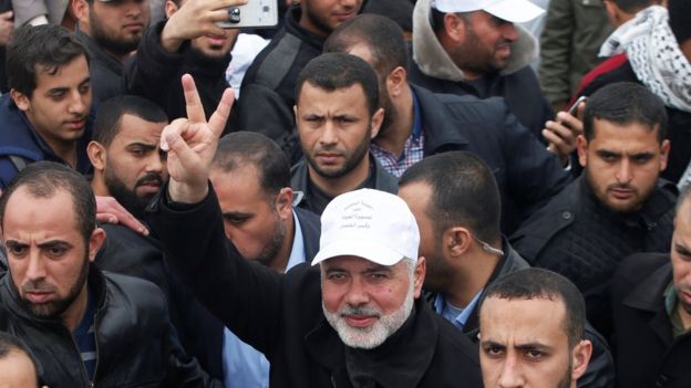 Hamas official Ismail Haniyeh gestures during a protest along the Israel border with Gaza, east of Gaza City March 30, 2018