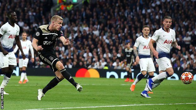 Donny van de Beek scores for Ajaxk against Tottenham in the 2018-19 Champions League semi-finals