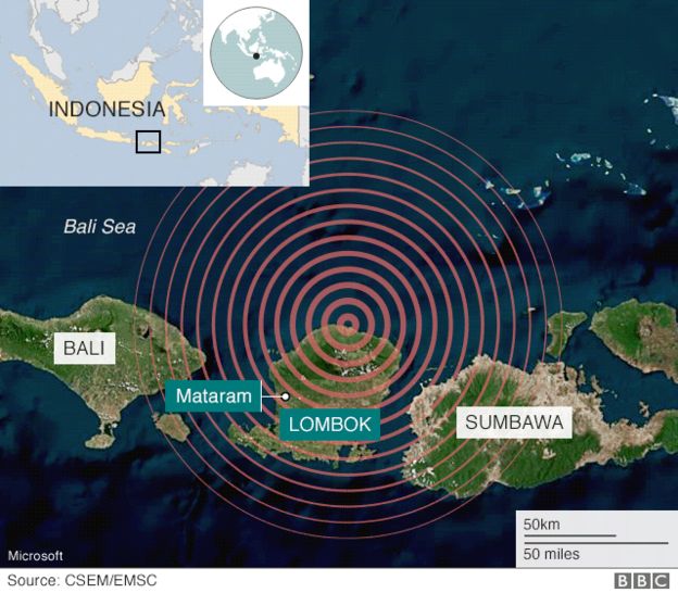 Map showing the epicentre of the earthquake off the coast of Lombok
