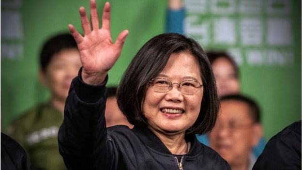 Tsai Ing-Wen waves after addressing supporters following her re-election as President of Taiwan on January 11, 2020 in Taipei, Taiwan