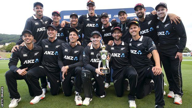 New Zealand with their ODI trophy