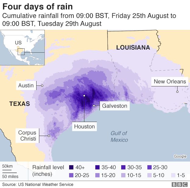 Map of rainfall in Texas and Louisiana