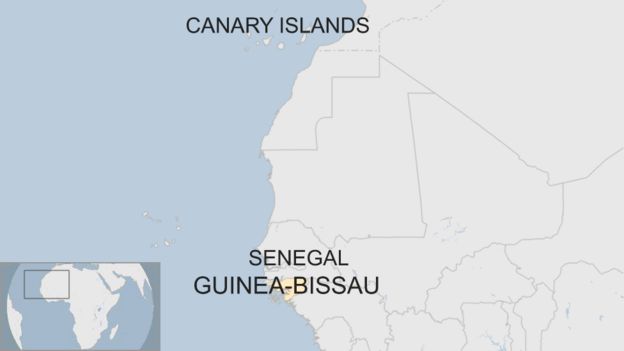Map showing the location of Guinea-Bissau, Senegal, and the Canary Islands