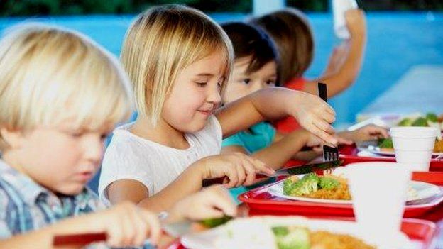 Children eating school dinners