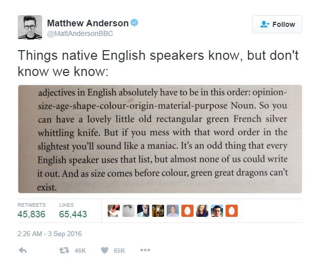 Adjectives in English absolutely have to be in this order: opinion-size-age-shape-colour-origin-material-purpose Noun. So you can have a lovely little old rectangular green French silver whittling knife. But if you mess with that word order in the slightest you'll sound like a maniac. It's an odd thing that every English speaker uses that list, but almost none of us could write it out. And as size comes before colour, green great dragons cannot exist.