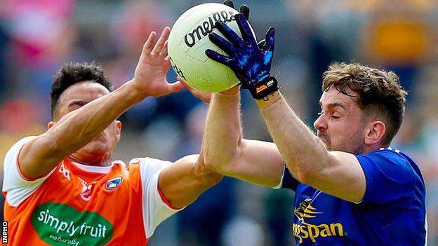 Armagh's Jemar Hall contests a high ball with Niall Murray in the Clones replay