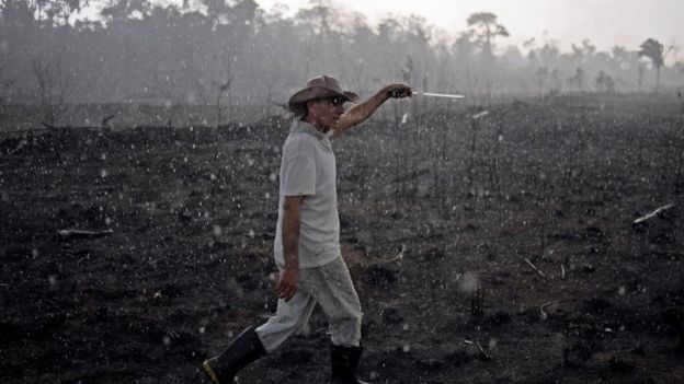 A Brazilian farmer walks through a burnt area of the Amazon in Rondonia state