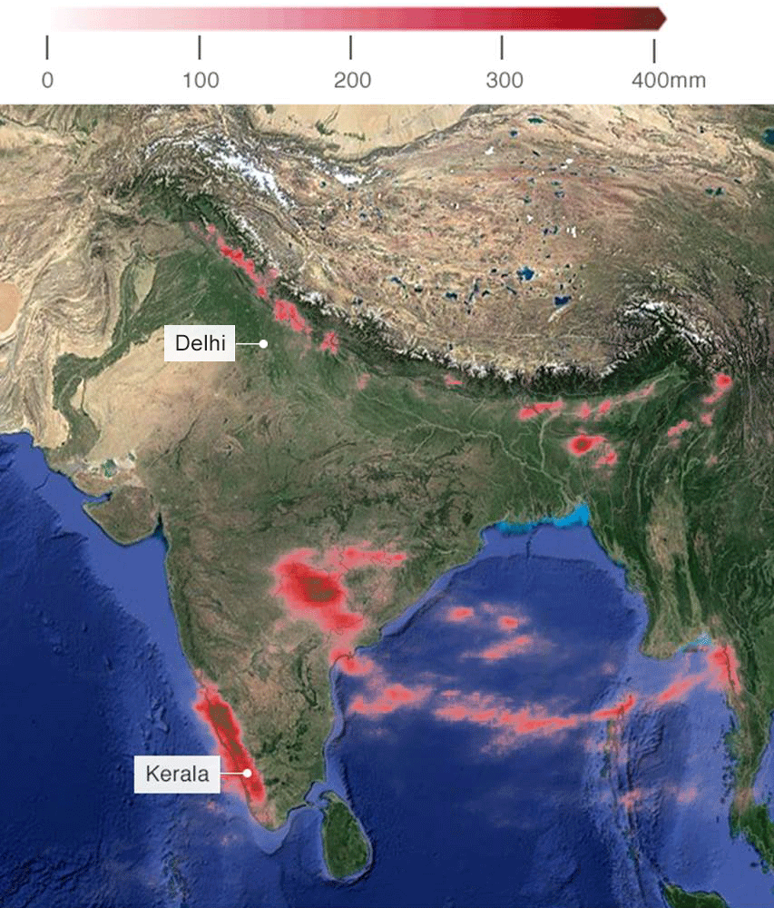 Hindistan'da 10-16 Ağustos arası düşen yağışı gösteren meteoroloji haritası