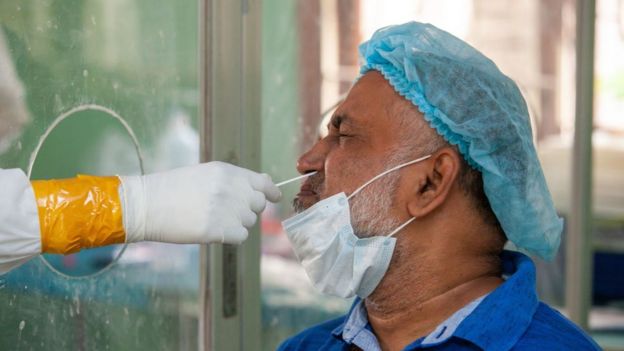 Raspado nasal para aplicar una prueba molecular de covid-19 a un paciente.