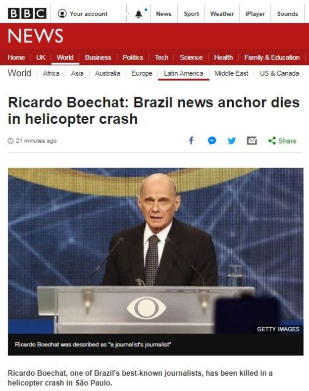 ReproduÃ§Ã£o de reportagem da BBC News sobre morte de Boechat
