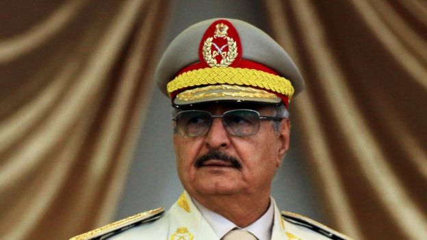 Khalifa Haftar attends a military parade in the eastern city of Benghazi during which he announced a military offensive to take from "terrorists" the city of Derna