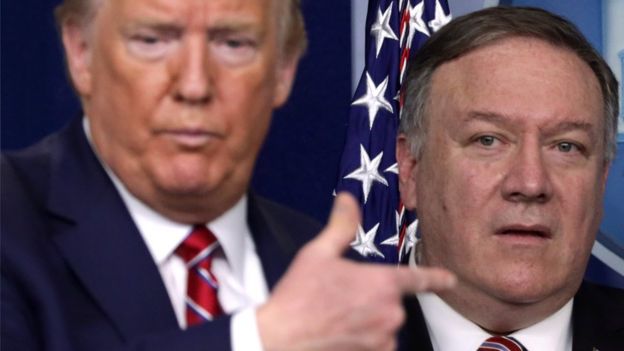 US President Donald Trump directs questions to Secretary of State Mike Pompeo