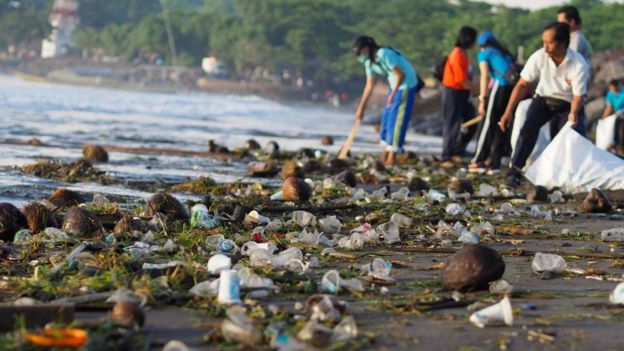 Voluntarios limpiando una de las playas de Bali.