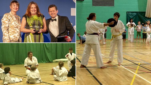 Mel, seen teaching ikkaido (right and bottom left), received her award from BBC Breakfast presenter Mike Bushell and chair of UK Coaching, Gillian Wilmott (top left)