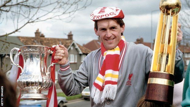 Kenny Dalglish with the FA Cup and Division One trophy