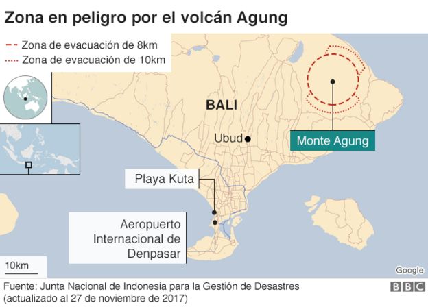 Mapa de la zona en peligro por el volcán Agung